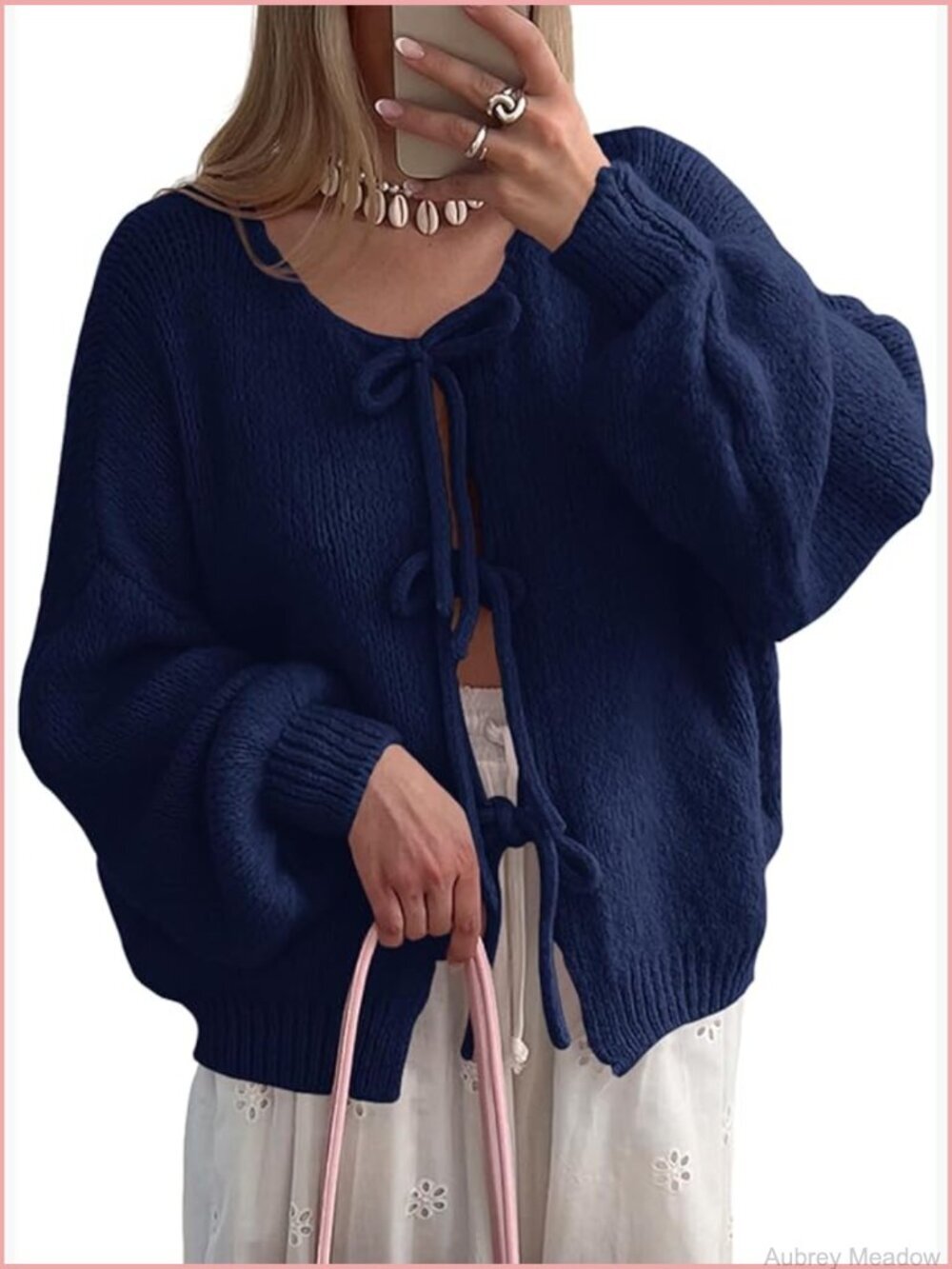 Tie Front Cardigan Sweater Cute Bow Puff Long Sleeve Loose Ribbed Knit Trendy